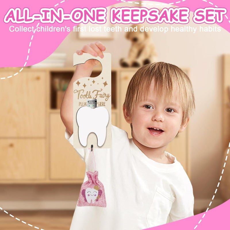 AINBIN Tooth Fairy Tooth Holder, Tooth Fairy Door Hanger with Money Slot, Keepsake Bottle & Burlap Pouch for Lost Teeth, Encourage Gift for Boys Girls, Pink - Image 3